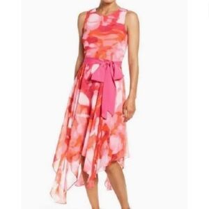 Elija J. Pink Floral Sleeveless Handkerchief Hem NWT  Dress size 6
